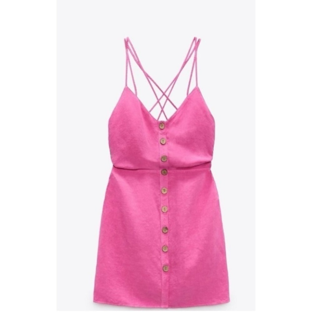 Zara Pink Linen Blend Button Front Mini Dress